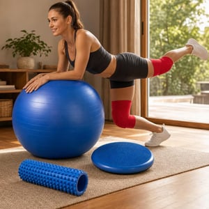 Set fitness acasă: minge gimnastică 85 cm + rolă masaj cu țepi + 2 genunchiere compresie