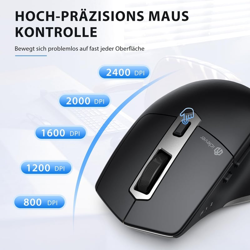 iClever Vezeték Nélküli Bluetooth Egér - Újratölthető, Ergonomikus, 3 Eszközhöz Csatlakoztatható, 5 DPI Beállítás, Csendes Kattintás, Ezüst-