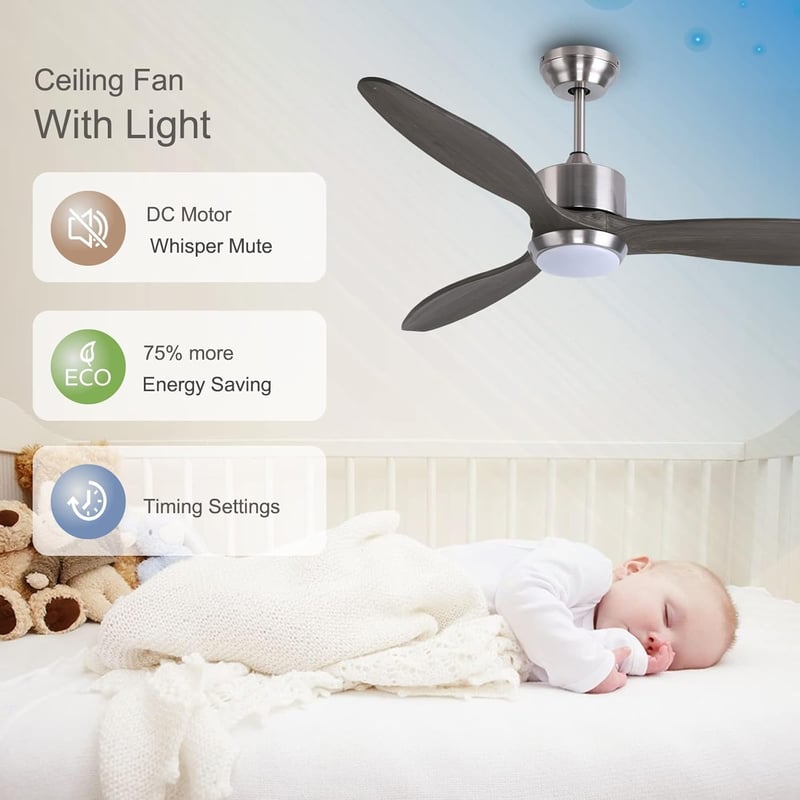 Ovlaim 132 cm Okos Mennyezeti Ventilátor Távirányítóval - Fa Lapátok, 6 Sebesség, App/Alexa Vezérlés, LED Világítás, Csendes DC Motor, Szürk