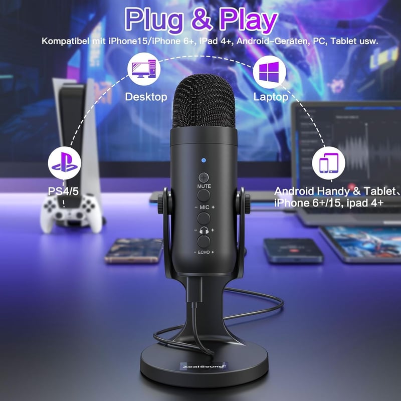ZealSound K66 USB-C Kondenzátor Mikrofon PC, Telefon, PS4/PS5 Eszközökhöz - Játék, Podcast, Streaming, ASMR Felvételekhez, Némítás/Erősítés/