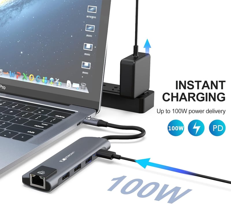 VEMONT 5-in-1 USB-C Hub Ethernet 1000Mbps, 3x USB 3.0, 100W Power Delivery