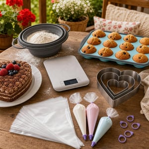 Muffin set: 1x sito 16 cm + 1x vaga 5 kg + 12x kalup za muffine + 3x kalup srce + 100x vrećica za ukrašavanje