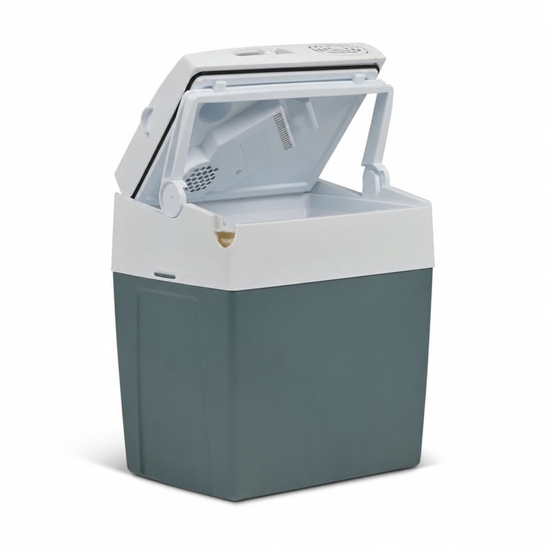 Elektrický chladiaci box Mobicool ME27, 26 l, sivý — Na jednej strane otvárania veka chýba úchyt (stav: pozri 2. obrázok)