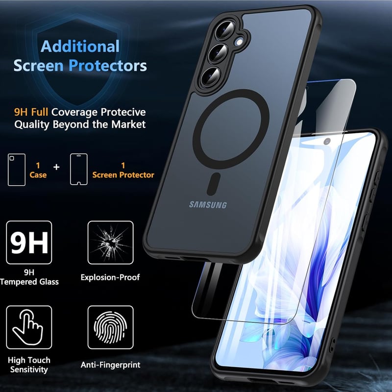 Samsung Galaxy A55 5G Mágneses Tok Edzett Üveggel - Katonai Védelem, Vékony, Ütésálló (Fekete)