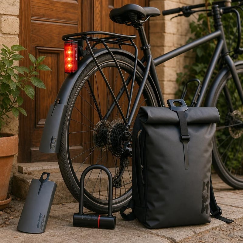 Výbava na bicykel do dažďa: 75mm nadstavec blatníka + zadné svetlo s brzdou + zámok + 55l batoh