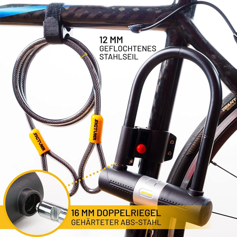SIGTUNA U-lakat kerékpárhoz - 16mm edzett acél biciklizár tartóval, országúti, mountain bike, e-bike és összecsukható kerékpárokhoz, sárga