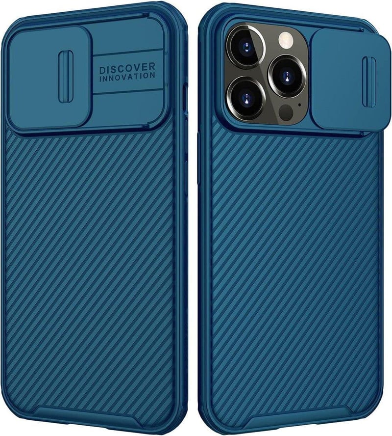 Apple iPhone 13 Pro Kék Szilikon Tok Szürke Csíkos Mintával és Kameravédővel