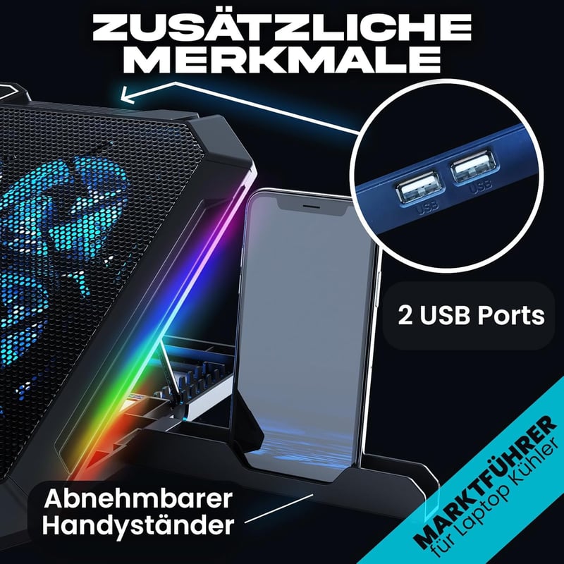 KLIM V8 Gamer Laptop Hűtőpad 8 Ventilátorral - RGB Világítás - 17 Colos Laptopokhoz - 2 USB Port - Telefontartó - Állítható Szög