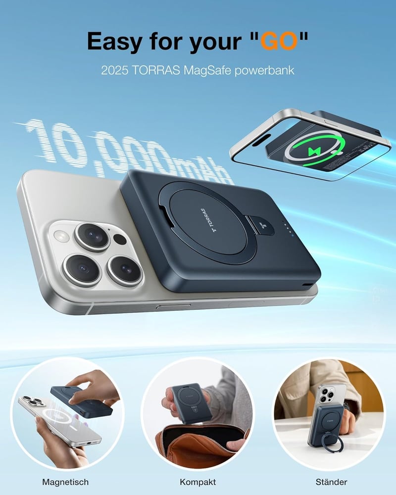 TORRAS 10000 mAh Mágneses Powerbank MagSafe Gyorstöltéssel és O Állvánnyal - 22.5W PD Vezeték Nélküli Hordozható Akkumulátor iPhone 16/15/14