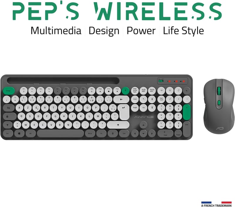 AD ADVANCE PEP'S Vezeték Nélküli Billentyűzet és Egér Szett - Kerek Gombokkal, Csendes Működéssel, 2.4GHz Kapcsolattal, Számgombokkal és Tel