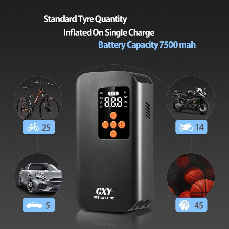 CXY 150 PSI Elektromos Kerékpárpumpa - 7500mAh Akkus Hordozható Kompresszor LED Lámpával