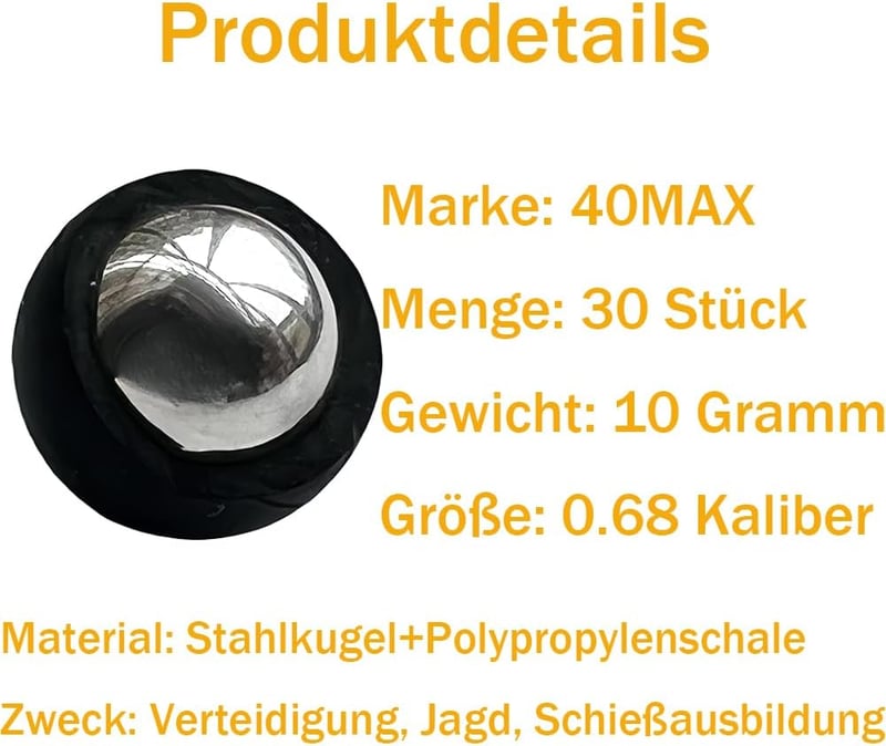 40MAX 0.68 Paintball Lőszer 30db 10g Fém Golyó PVC Bevonattal T4E SD/LE TR68 HDR68 Kompatibilis