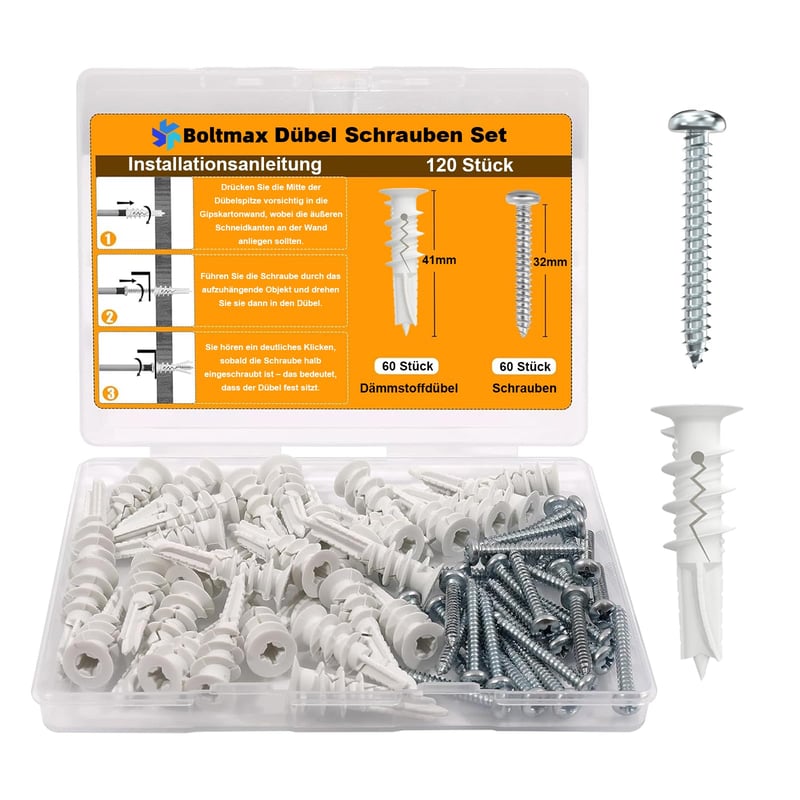 Boltmax set tipli za izolaciju 41 mm, 120 komada - 60 fasadnih tipli i 60 tipli s tanjurastom glavom i vijkom, 13x41 mm, za gipsane ploče i toplinsku izolaciju