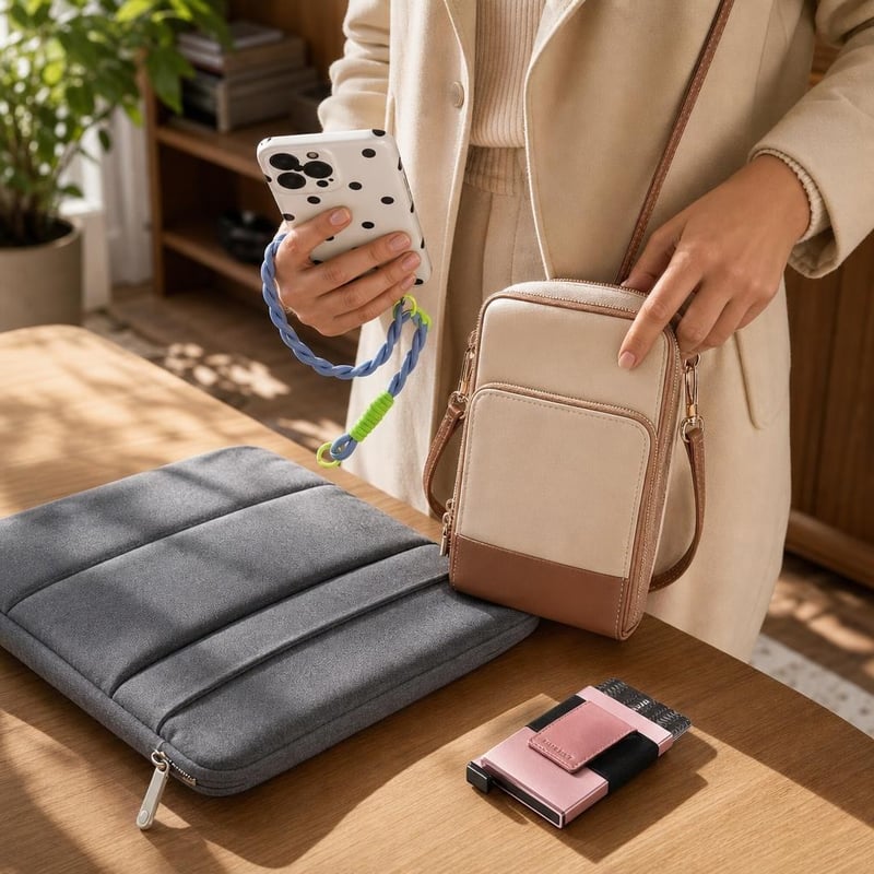 Mestský set na cesty: 1x pútko na mobil + 1x kožená kabelka + 1x RFID peňaženka + 1x 15" obal na notebook