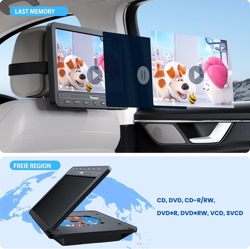 NAVISKAUTO 10,5" Autós DVD lejátszó 2 monitorral, HDMI, 5000mAh akku