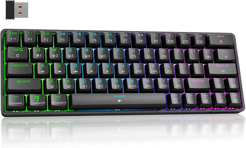 Dierya DK63 Vezeték Nélküli Mechanikus Gamer Billentyűzet, 60% Kompakt, RGB Háttérvilágítás, Bluetooth/2.4G/USB-C, Lineáris Piros Kapcsoló