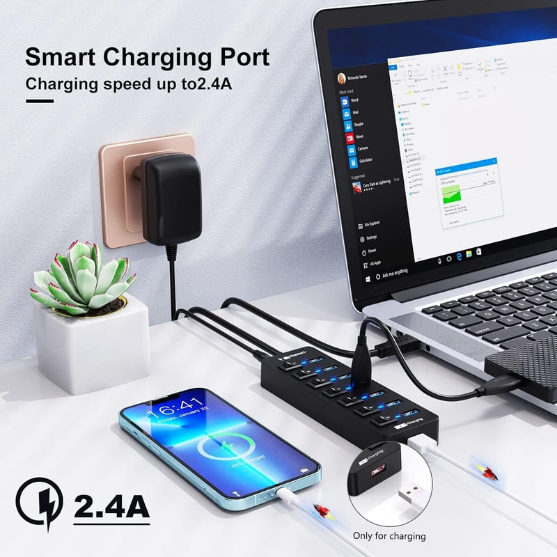 VEMONT 7 portos USB 3.0 hub aktív tápegységgel és intelligens töltőporttal