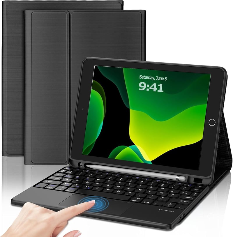 FOGARI iPad Billentyűzet Tok Trackpaddal - Vezeték Nélküli Leválasztható AZERTY Billentyűzet iPad 9/8/7, Air 3, Pro 10.5 Modellekhez, Ceruza