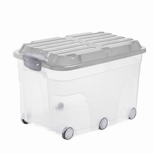 Rotho Roller 6 úložný box s vekom 57 l, 1 ks, priehľadný sivý, plastový úložný box s kolieskami (1 koliesko je poškodené)