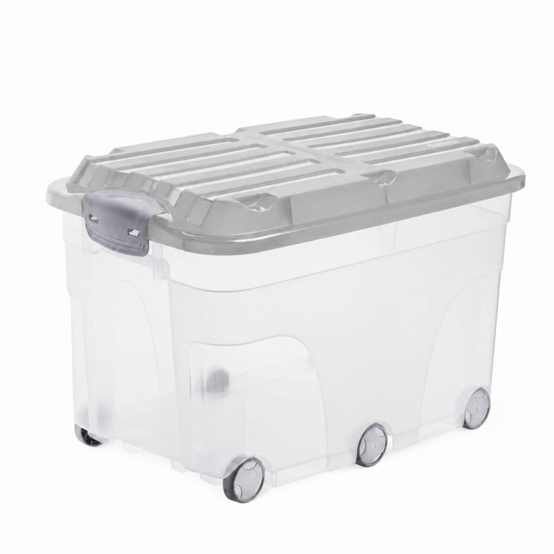 Rotho Roller 6 kutija za pohranu s poklopcem 57 L, 1 kom, prozirno siva, plastična kutija s kotačićima (1 kotačić oštećen)