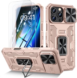 Doeshine maska za iPhone 16 Pro Max, s 360° rotirajućim magnetskim prstenom za postolje, vojni standard zaštite, klizni poklopac kamere, s 2 zaštitna filma za ekran,
