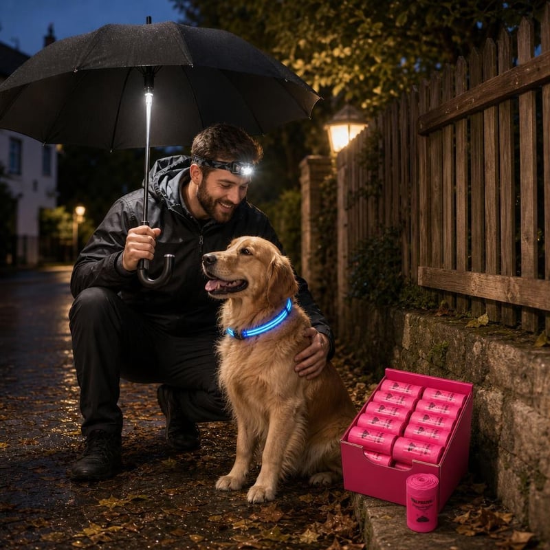 Set plimbare nocturnă: umbrelă LED + lanternă frontală + zgardă LED + 600 saci excremente