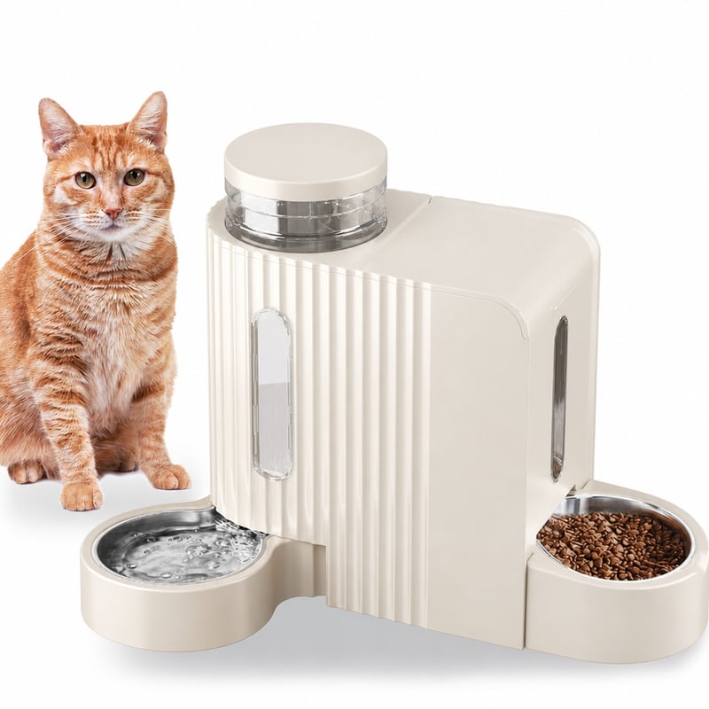 Dispozitiv automat de hrănire pentru câini și pisici Gardner Pet cu dozator gravitațional și bol din oțel inoxidabil, 3L x 2, fără BPA, bej