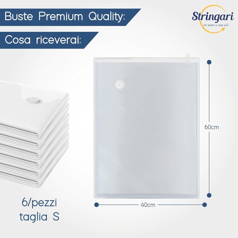 Stringari Vákuumzsák Ruhákhoz - 6 db S méretű (60x40 cm) Átlátszó Tárolózsák Paplantárolásra - Prémium Minőségű Helytakarékos Tárolórendszer