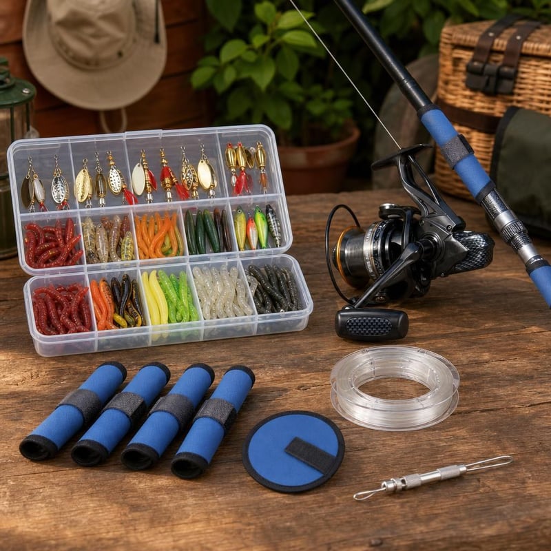 Pergető horgászkaland: 4 db csaliburok + 100 m fluorocarbon zsinór + orsó + csomózó + 96 db műcsali
