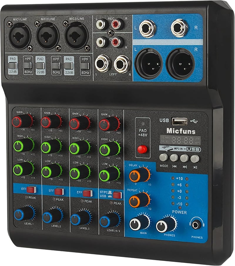 micfuns M-5 Mini DJ Keverőpult 5 Csatornás Hangkeverő Bluetooth USB MP3 Funkcióval, 48V Fantomtáp, Stúdió Felvételhez, Élő Közvetítéshez