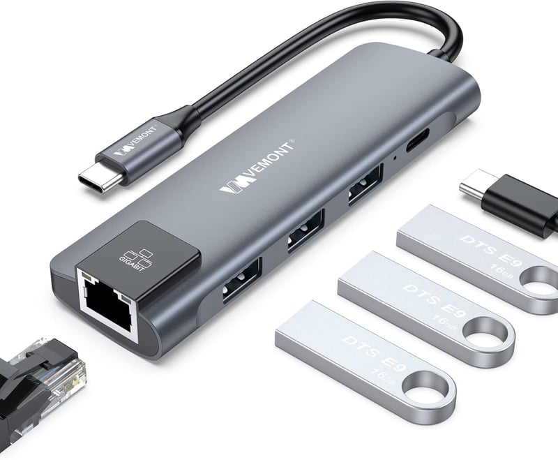VEMONT 5-in-1 USB-C Hub Ethernet 1000Mbps, 3x USB 3.0, 100W Power Delivery