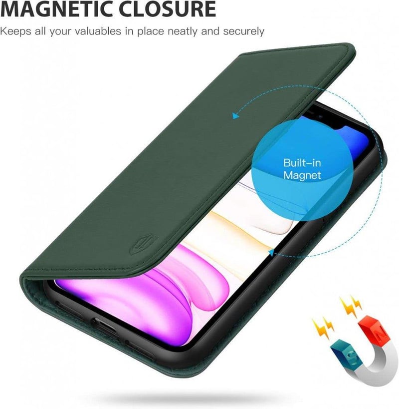 iPhone 11 Sötétzöld Bőr Pénztárcatartó Tok Kártyatartóval - Újracsomagolt