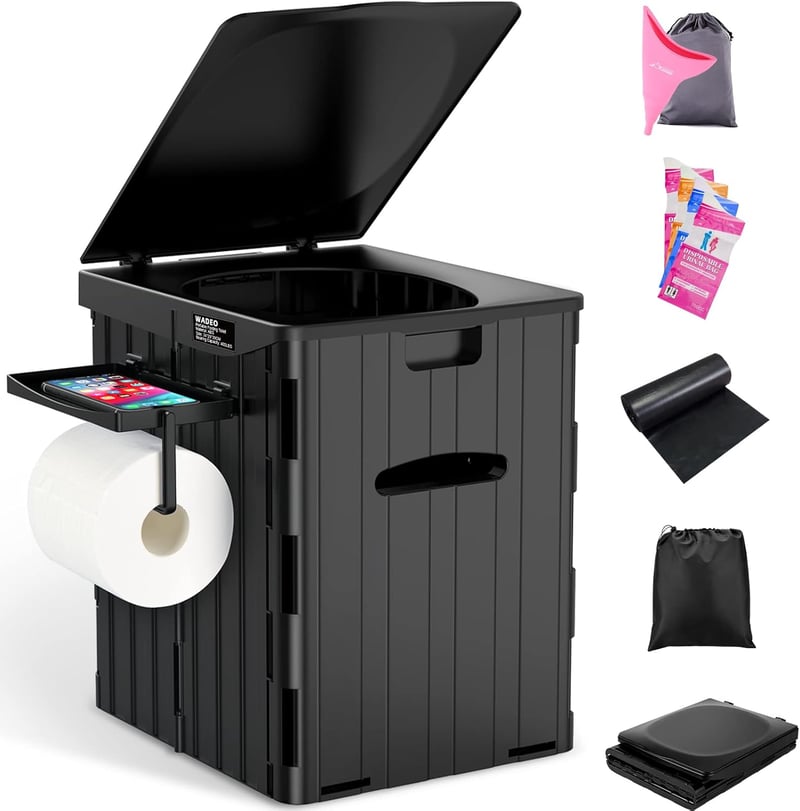 WADEO Hordozható Kemping WC Papírtartóval és Telefontálcával - Black With Urination Device for Women