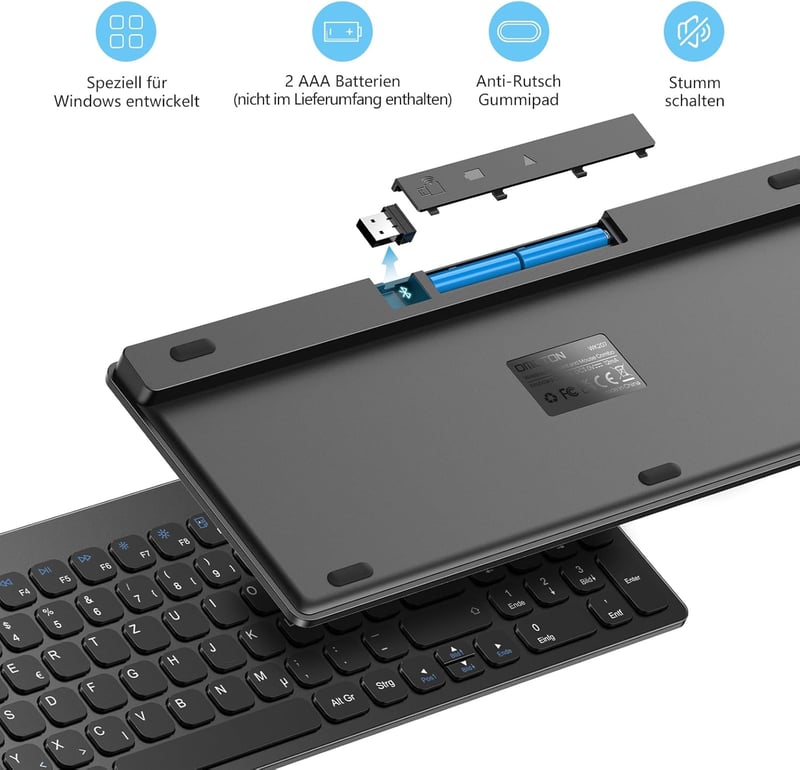 OMOTON vezeték nélküli billentyűzet és egér szett, Windows kompatibilis, QWERTZ, fekete