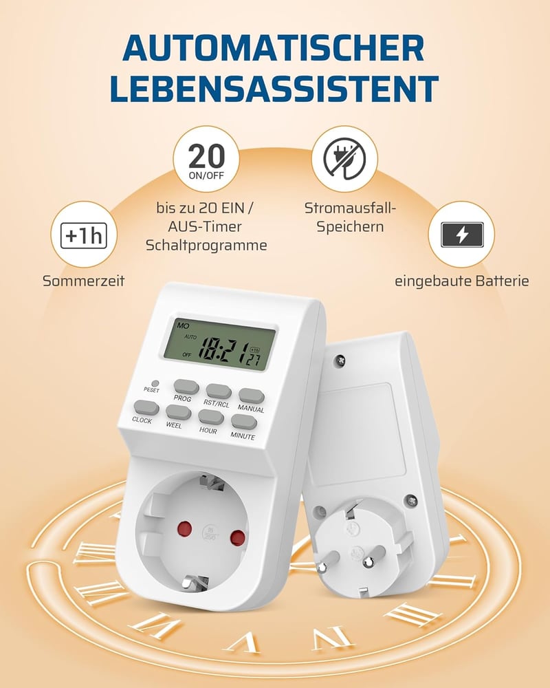 DEWENWILS Digitális Időzítő Konnektor - 20 Programozható Időzítés, LCD Kijelző, Karácsonyi Világításhoz, Háztartási Gépekhez, 3840W, Fehér