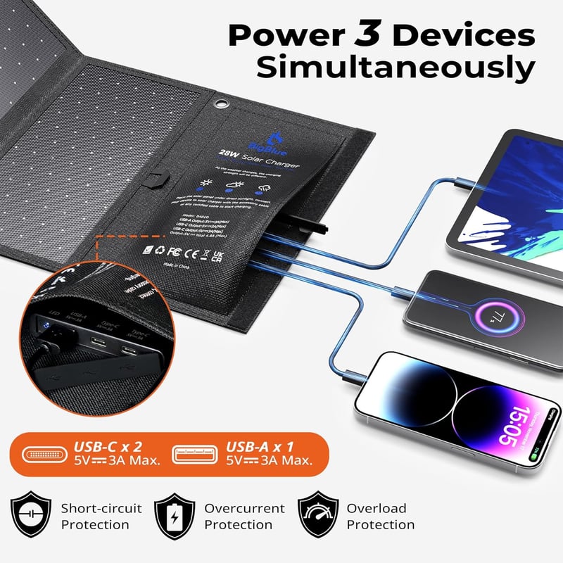 BigBlue 28W Hordozható Napelemes Töltő 3 USB Porttal, Vízálló, Összehajtható Napelem Panel Kempingezéshez, iPhone Android GoPro Eszközökhöz