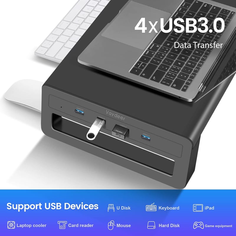 VAYDEER Alumínium Dupla Monitortartó 4 USB Porttal, Fém Monitorállvány 32 Colig, PC és Laptop Támasz Beépített USB Hubbal - Fekete