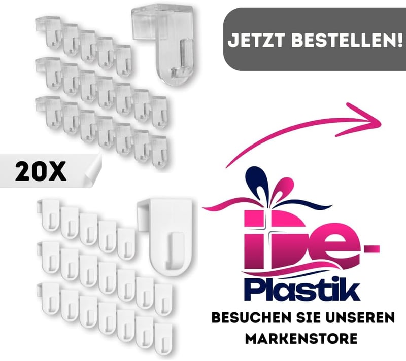 De-Plastik Átlátszó Ablakakasztó Szett - 20 db Műanyag Dekorációs Kampó Ablakokhoz, Max 17 mm Kerethez, Fúrás Nélkül
