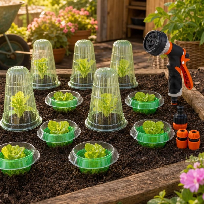 Set protecție răsaduri: 12 x inele anti-melci + clopot protecție plante + pistol de stropit 8 moduri