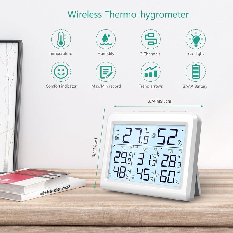 ORIA Digitális Hőmérő és Páramérő 3 Külső Érzékelővel, Nagy LCD Kijelzővel