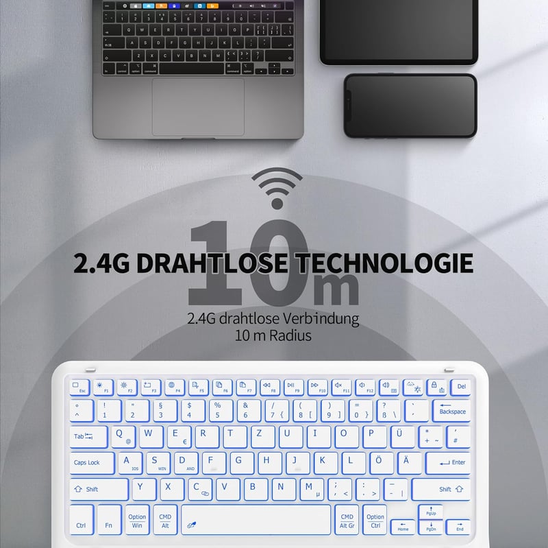 EasyAcc Ultrakönnyű Bluetooth Billentyűzet Touchpaddal, 7 Színű Háttérvilágítással, USB-C, Fehér