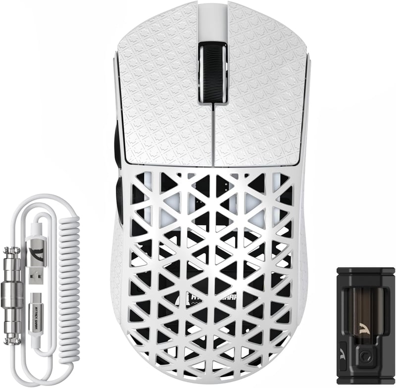ATTACK SHARK R5 Ultra Szénszálas Gamer Egér, 39g Szuperkönnyű, 8000Hz Vezeték Nélküli, 42000 DPI, Bluetooth/2.4G/Vezetékes, Fehér
