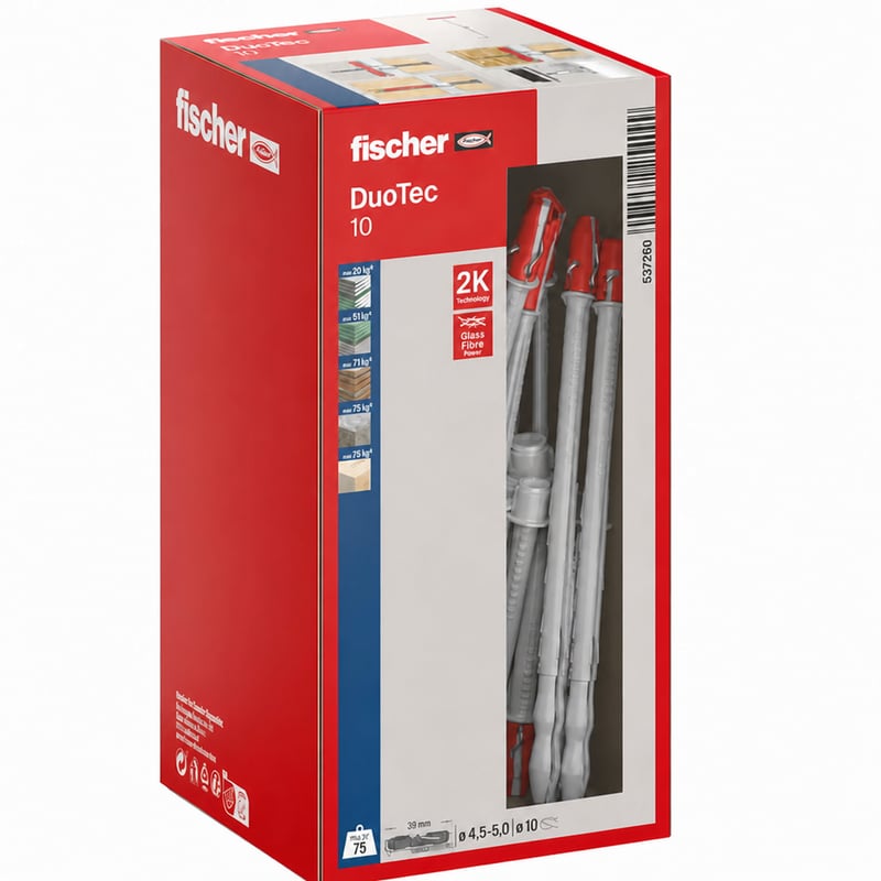 Set dibluri basculante fischer DuoTec 10 S PH pentru gips-carton – 9 bucăți – Diblu bicomponent pentru cavități, plăci de fibră de gips și panouri de lemn – Set parțial