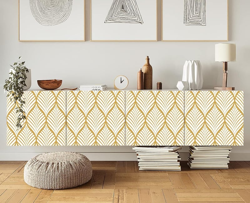 myforHD Öntapadós Tapéta Arany Legyező Mintával - Modern PVC Bútorfólia 44 cm x 600 cm - Vízálló Vinyl Dekorációs Film Fiókokhoz, Polcokhoz