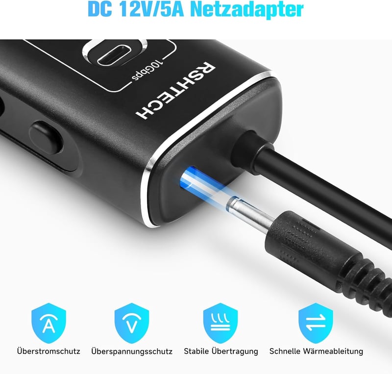 RSHTECH 11-Portos USB C 3.2 Hub Aktív Tápellátással - 60W, 10Gbps Adatátvitel, 3 USB-C és 8 USB-A Port, Alumínium, Fekete - A11PD