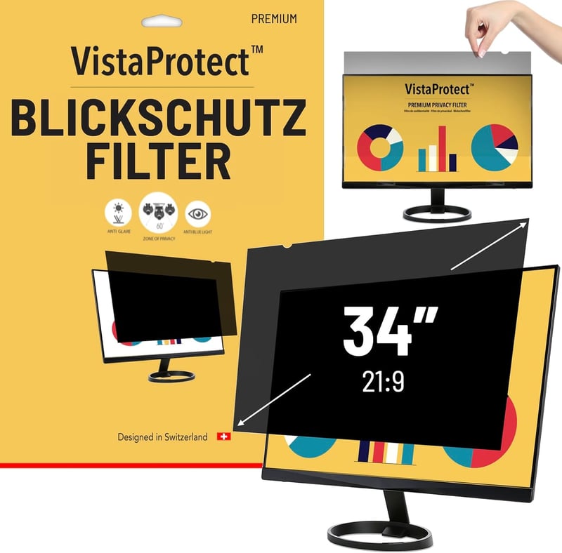 VistaProtect Prémium Betekintésvédő és Kékfény Szűrő Monitorfólia 34" Képernyőkhöz - Adatvédelem és Szemvédelem 21:9 Képarányú Monitorokhoz