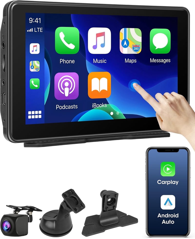 Jansite T88-EU 7" Hordozható Autós Érintőképernyős Kijelző - Apple CarPlay és Android Támogatás, Dual Bluetooth, 1080P Tükrözés, FM Rádió