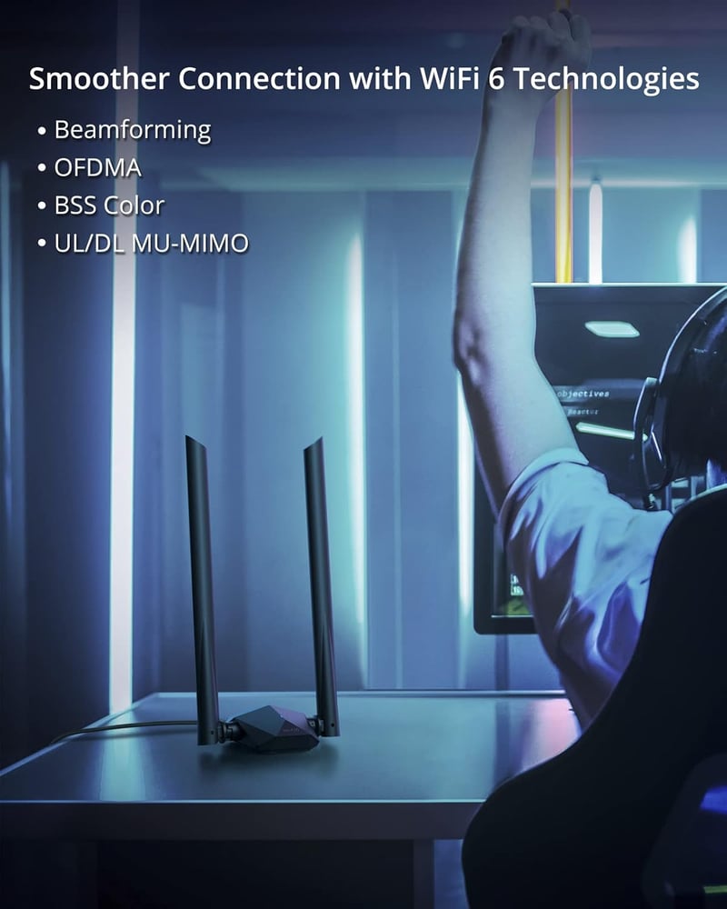 BrosTrend AX1800 WiFi 6 USB adapter PC-hez, nagy hatótávolságú, kettős sávú (1201Mbps/5GHz + 574Mbps/2.4GHz), két 5dBi antennával, Windows 1