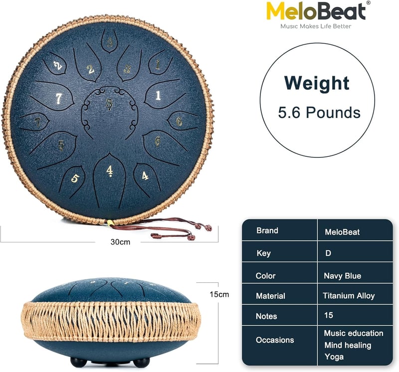 MeloBeat Tongue Drum 12" - 15 Hangú Professzionális Acél Handpan D-dúrban, Dalkönyvvel, Ütőkkel és Hordtáskával (Sötétkék)