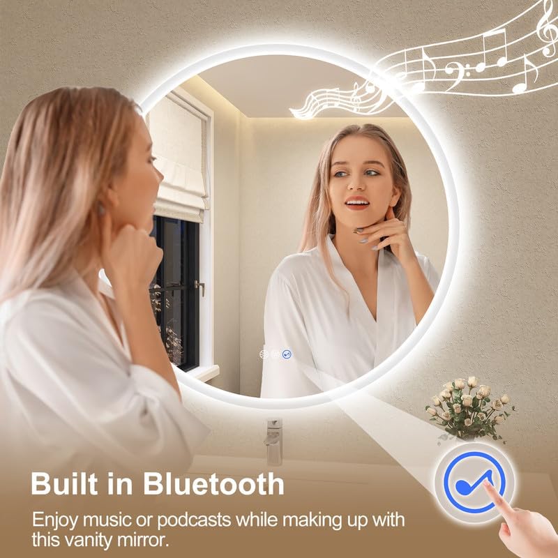 STARLEAD 60 cm Kerek Fürdőszobai Tükör Bluetooth Hangszóróval, Fényerőszabályzással, 3 Színhőmérséklettel, Páramentesítővel, IP44 Védettségg